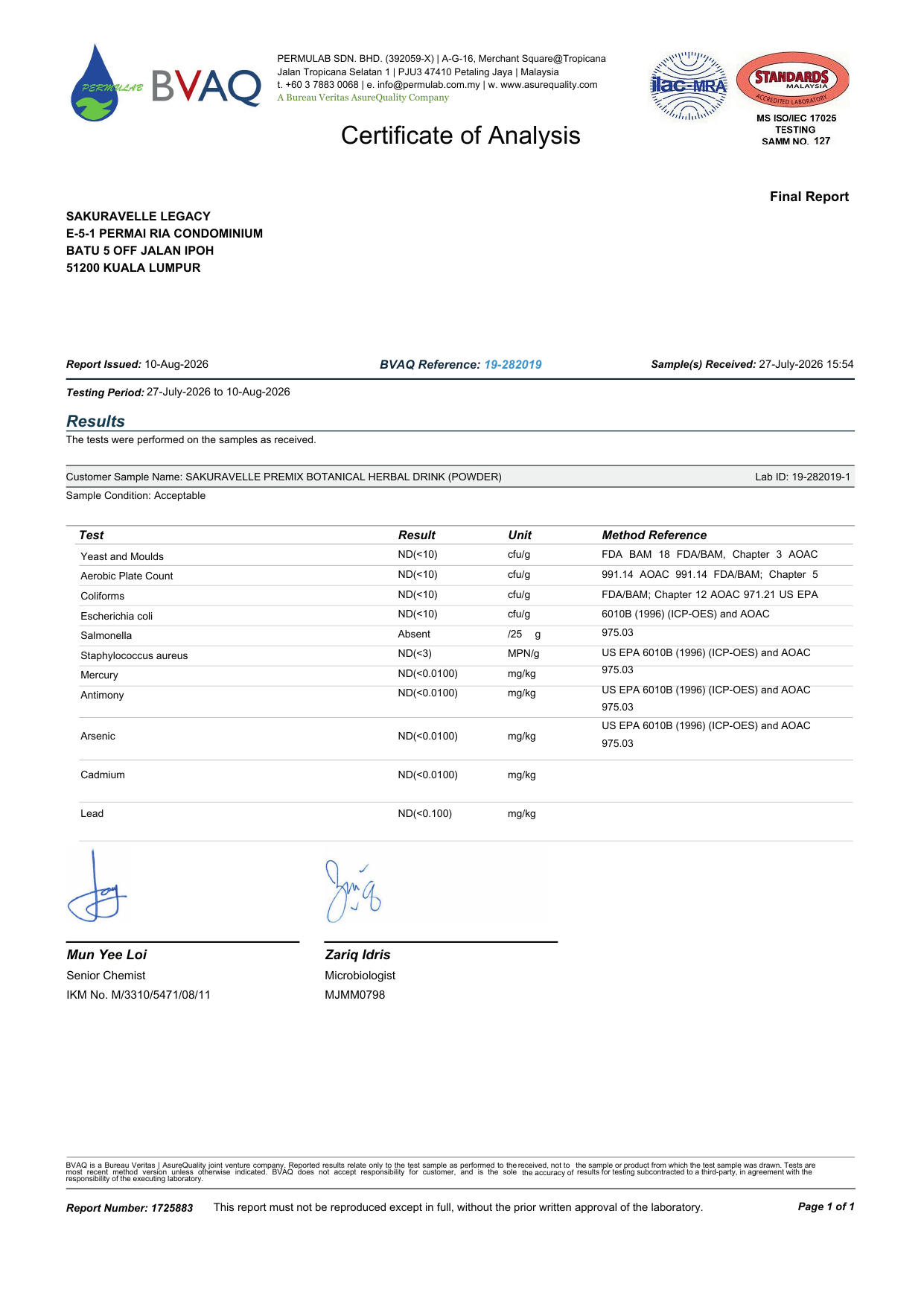 SAKURAVELLE LEGACY Certificate of Analysis preview