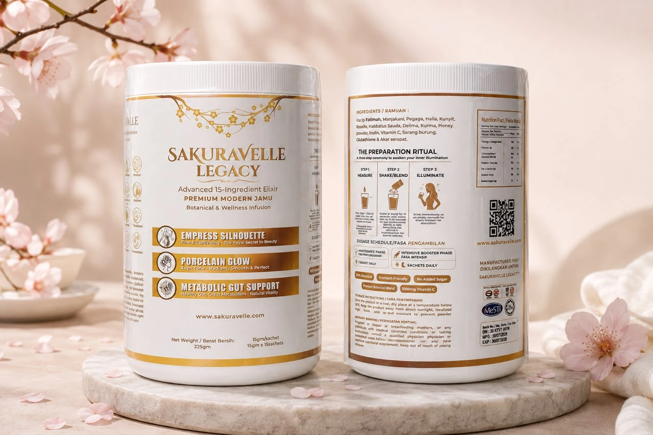 Woman presenting SAKURAVELLE as a premium daily ritual